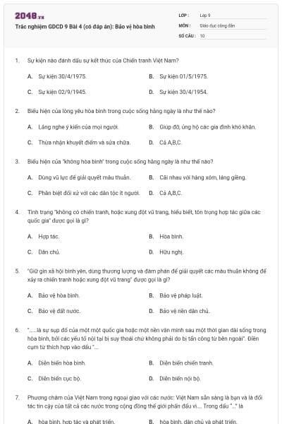 Trắc nghiệm GDCD 9 Bài 4 (có đáp án): Bảo vệ hòa bình