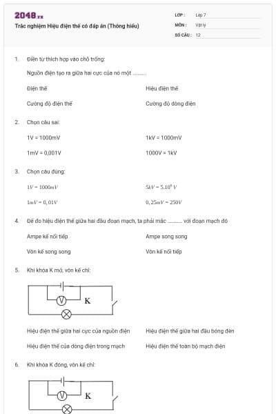 Trắc nghiệm Hiệu điện thế có đáp án (Thông hiểu)