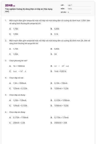 Trắc nghiệm Cường độ dòng điện có đáp án (Vận dụng cao)