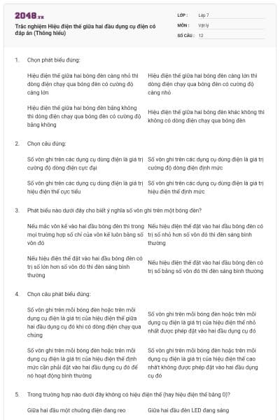 Trắc nghiệm Hiệu điện thế giữa hai đầu dụng cụ điện có đáp án (Thông hiểu)