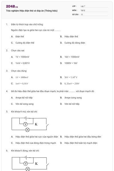Trắc nghiệm Hiệu điện thế có đáp án (Thông hiểu)