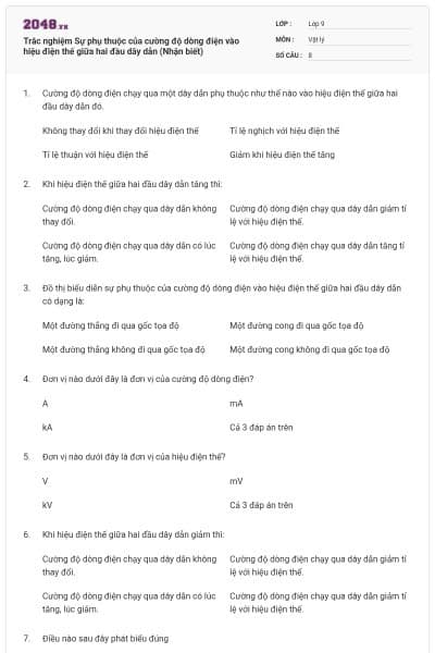 Trắc nghiệm Sự phụ thuộc của cường độ dòng điện vào hiệu điện thế giữa hai đầu dây dẫn (Nhận biết)