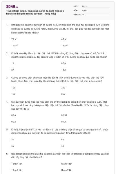 Trắc nghiệm Sự phụ thuộc của cường độ dòng điện vào hiệu điện thế giữa hai đầu dây dẫn (Thông hiểu)
