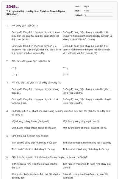 Trắc nghiệm Điện trở dây dẫn - Định luật Ôm có đáp án (Nhận biết)