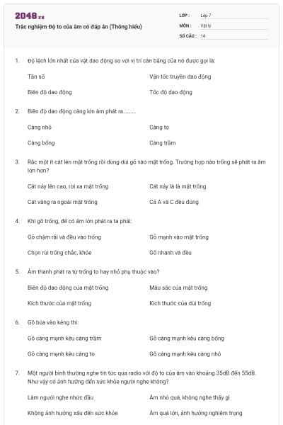 Trắc nghiệm Độ to của âm có đáp án (Thông hiểu)