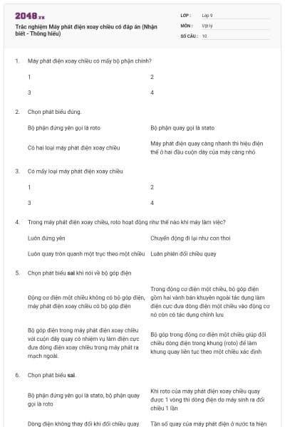 Trắc nghiệm Máy phát điện xoay chiều có đáp án (Nhận biết - Thông hiểu)
