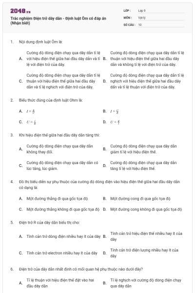 Trắc nghiệm Điện trở dây dẫn - Định luật Ôm có đáp án (Nhận biết)