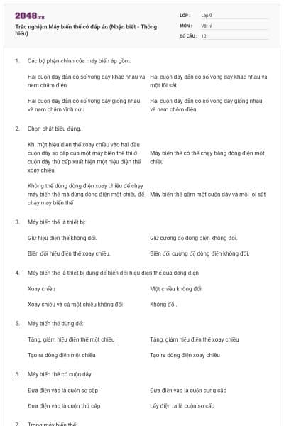 Trắc nghiệm Máy biến thế có đáp án (Nhận biết - Thông hiểu)