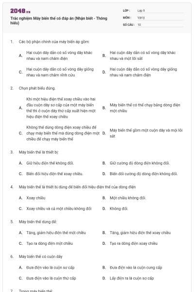 Trắc nghiệm Máy biến thế có đáp án (Nhận biết - Thông hiểu)