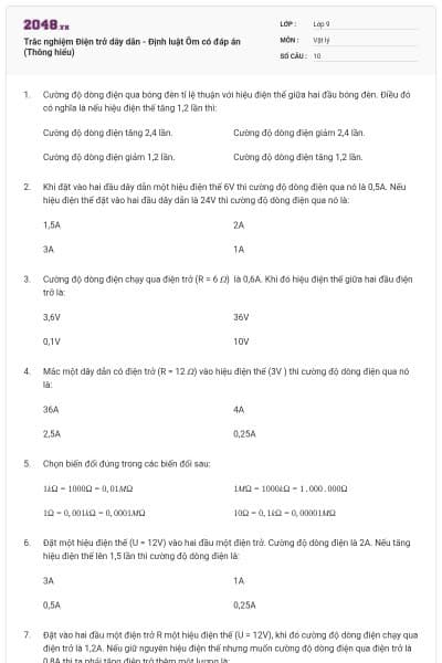 Trắc nghiệm Điện trở dây dẫn - Định luật Ôm có đáp án (Thông hiểu)