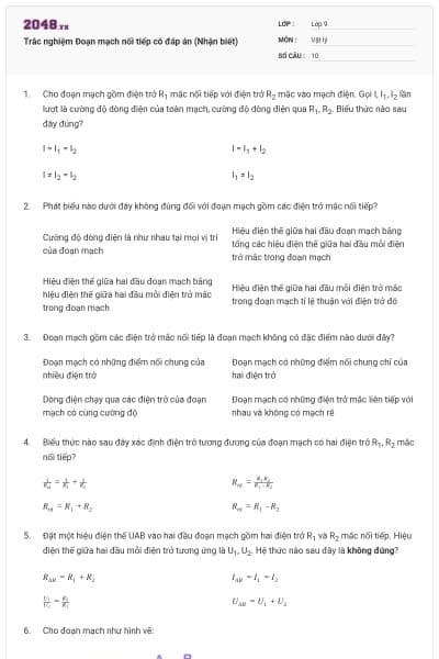 Trắc nghiệm Đoạn mạch nối tiếp có đáp án (Nhận biết)