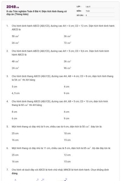 8 câu Trắc nghiệm Toán 8 Bài 4: Diện tích hình thang có đáp án (Thông hiểu)