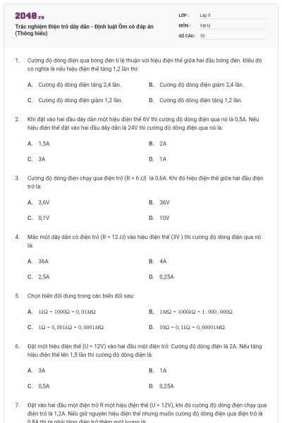 Trắc nghiệm Điện trở dây dẫn - Định luật Ôm có đáp án (Thông hiểu)