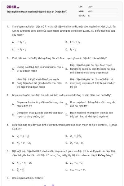 Trắc nghiệm Đoạn mạch nối tiếp có đáp án (Nhận biết)