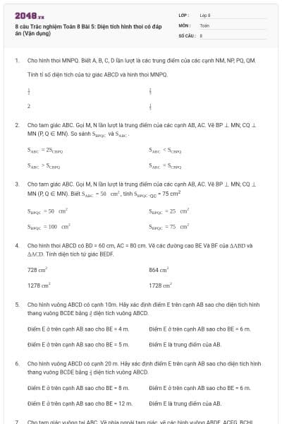 8 câu Trắc nghiệm Toán 8 Bài 5: Diện tích hình thoi có đáp án (Vận dụng)