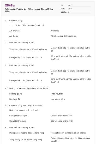 Trắc nghiệm Phản xạ âm - Tiếng vang có đáp án (Thông hiểu)