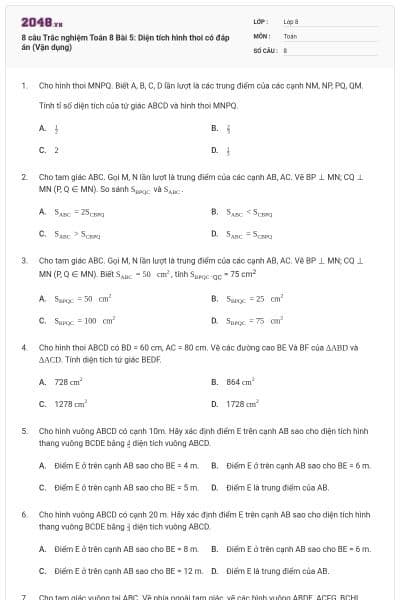 8 câu Trắc nghiệm Toán 8 Bài 5: Diện tích hình thoi có đáp án (Vận dụng)