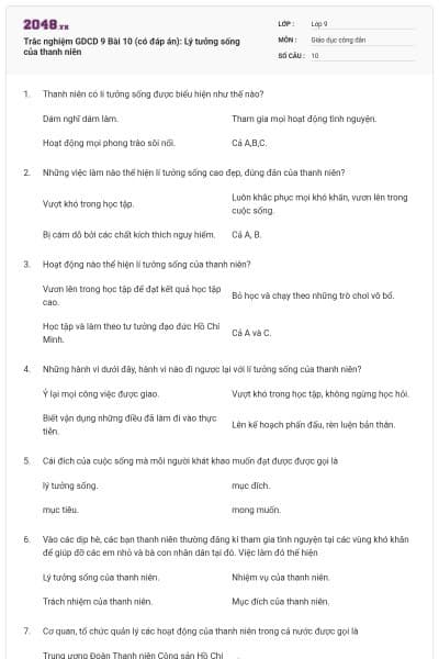 Trắc nghiệm GDCD 9 Bài 10 (có đáp án): Lý tưởng sống của thanh niên