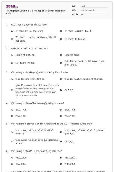 Trắc nghiệm GDCD 9 Bài 6 (có đáp án): Hợp tác cùng phát triển