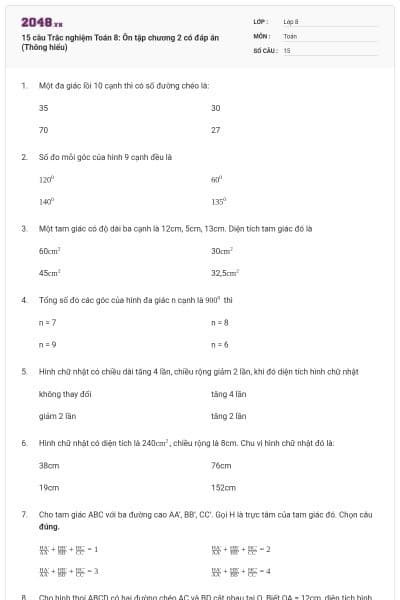 15 câu Trắc nghiệm Toán 8: Ôn tập chương 2 có đáp án (Thông hiểu)