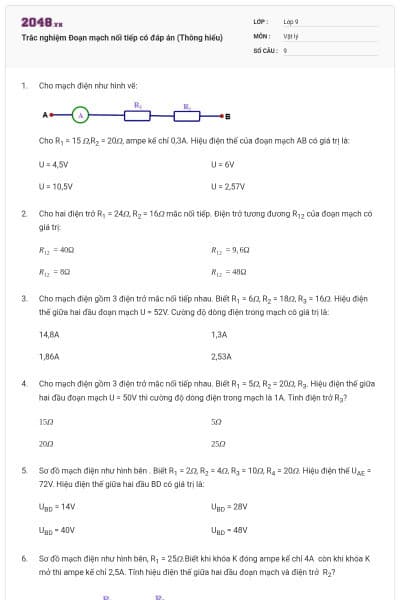Trắc nghiệm Đoạn mạch nối tiếp có đáp án (Thông hiểu)