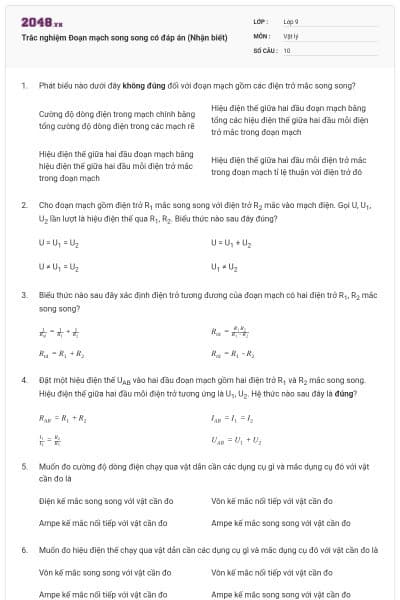 Trắc nghiệm Đoạn mạch song song có đáp án (Nhận biết)
