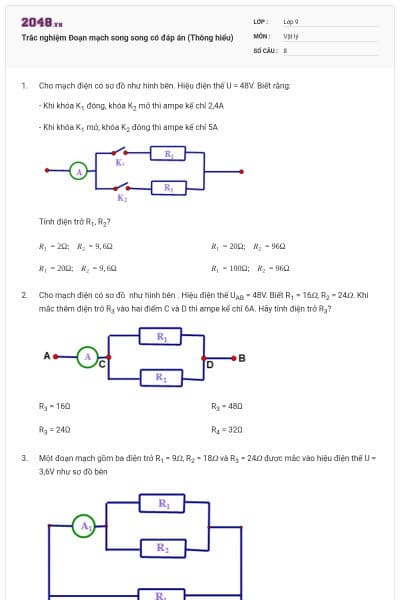 Trắc nghiệm Đoạn mạch song song có đáp án (Thông hiểu)