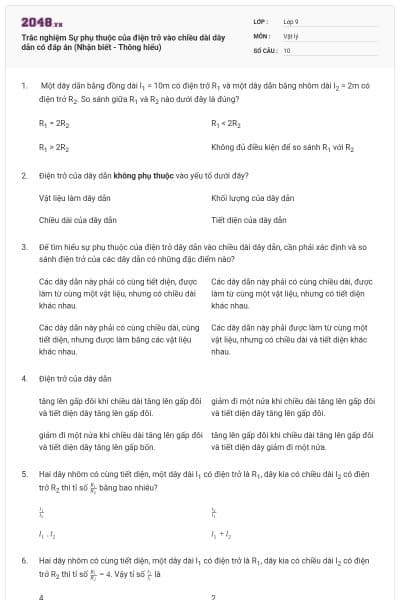 Trắc nghiệm Sự phụ thuộc của điện trở vào chiều dài dây dẫn có đáp án (Nhận biết - Thông hiểu)