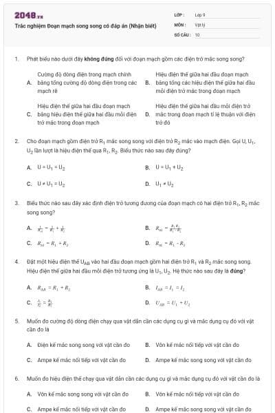 Trắc nghiệm Đoạn mạch song song có đáp án (Nhận biết)