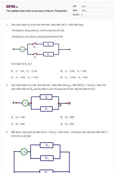 Trắc nghiệm Đoạn mạch song song có đáp án (Thông hiểu)