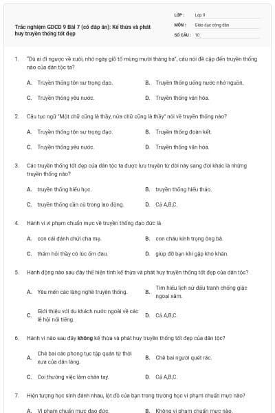Trắc nghiệm GDCD 9 Bài 7 (có đáp án): Kế thừa và phát huy truyền thống tốt đẹp