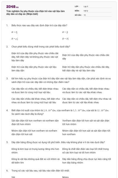 Trắc nghiệm Sự phụ thuộc của điện trở vào vật liệu làm dây dẫn có đáp án (Nhận biết)