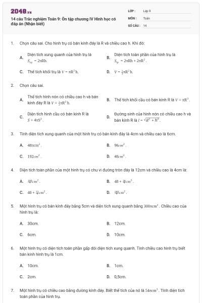 14 câu Trắc nghiệm Toán 9: Ôn tập chương IV Hình học có đáp án (Nhận biết)