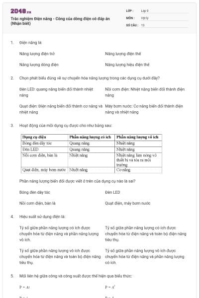 Trắc nghiệm Điện năng - Công của dòng điện có đáp án (Nhận biết)