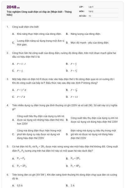 Trắc nghiệm Công suất điện có đáp án (Nhận biết - Thông hiểu)