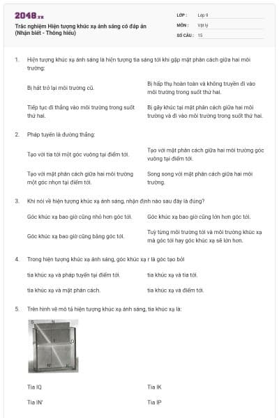 Trắc nghiệm Hiện tượng khúc xạ ánh sáng có đáp án (Nhận biết - Thông hiểu)