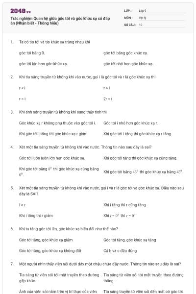 Trắc nghiệm Quan hệ giữa góc tới và góc khúc xạ có đáp án (Nhận biết - Thông hiểu)