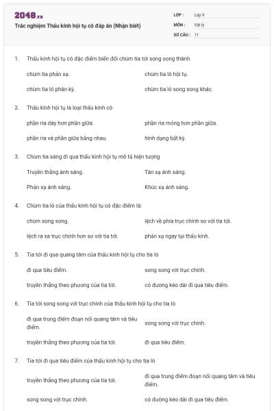 Trắc nghiệm Thấu kính hội tụ có đáp án (Nhận biết)