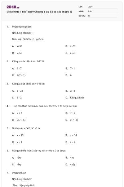 Đề kiểm tra 1 tiết Toán 9 Chương 1 Đại Số có đáp án (Đề 1)