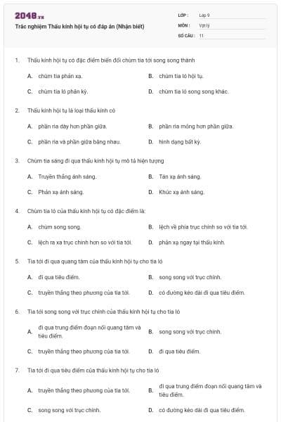 Trắc nghiệm Thấu kính hội tụ có đáp án (Nhận biết)