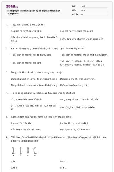 Trắc nghiệm Thấu kính phân kỳ có đáp án (Nhận biết - Thông hiểu)