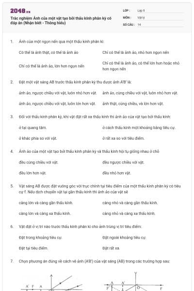 Trắc nghiệm Ảnh của một vật tạo bởi thấu kính phân kỳ có đáp án (Nhận biết - Thông hiểu)
