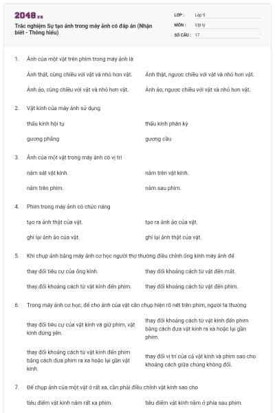 Trắc nghiệm Sự tạo ảnh trong máy ảnh có đáp án (Nhận biết - Thông hiểu)