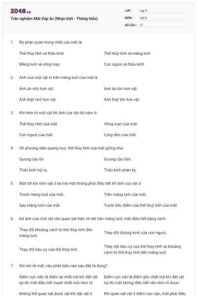 Trắc nghiệm Mắt đáp án (Nhận biết - Thông hiểu)