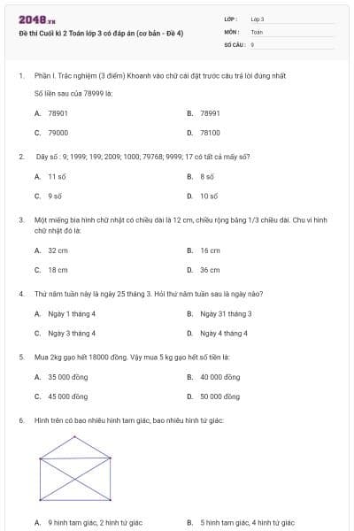 Đề thi Cuối kì 2 Toán lớp 3 có đáp án (cơ bản - Đề 4)