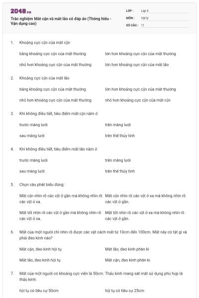 Trắc nghiệm Mắt cận và mắt lão có đáp án (Thông hiểu - Vận dụng cao)