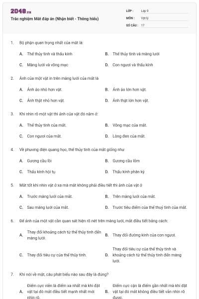 Trắc nghiệm Mắt đáp án (Nhận biết - Thông hiểu)