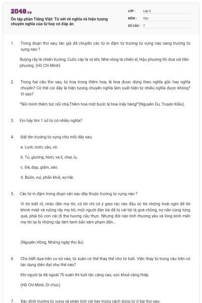 Ôn tập phần Tiếng Việt: Từ xét về nghĩa và hiện tượng chuyển nghĩa của từ hay có đáp án