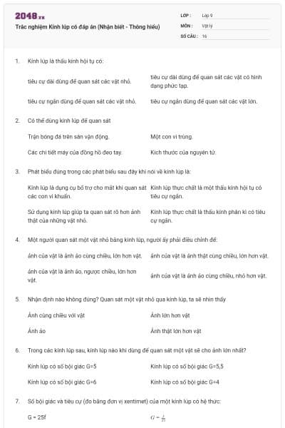 Trắc nghiệm Kính lúp có đáp án (Nhận biết - Thông hiểu)