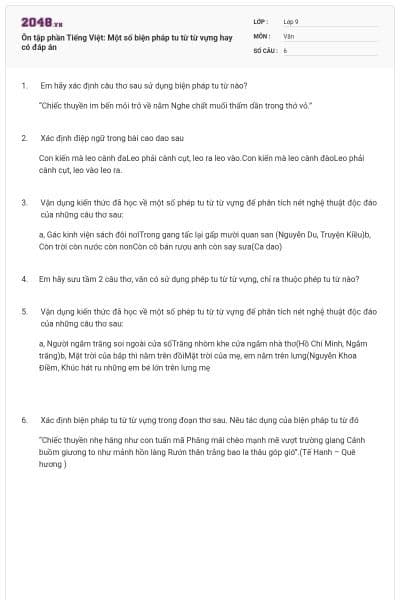 Ôn tập phần Tiếng Việt: Một số biện pháp tu từ từ vựng hay có đáp án